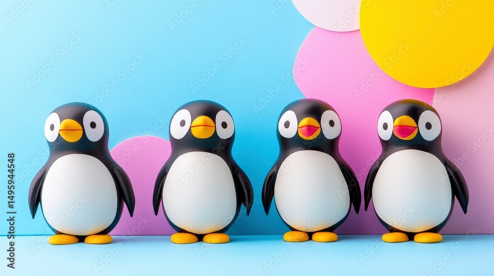 Naklejka premium Adorable Cartoon Penguins in a Colorful Scene