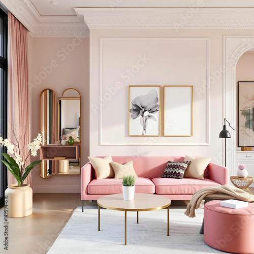 Modern Bedroom Interior Features Stylish Pink Sofa in Soft Tones