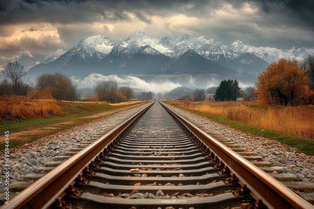 Fototapeta premium Railroad tracks leading into the distance toward majestic snow-covered mountains under a dramatic cloudy sky in a scenic landscape of wild grass and rugged natural beauty
