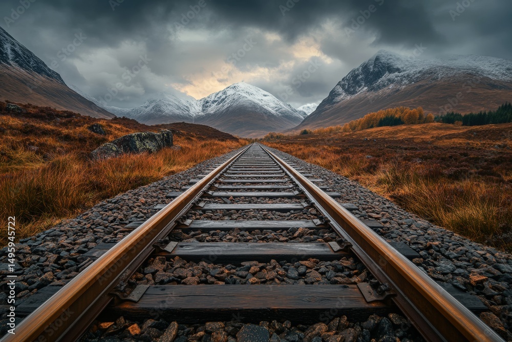 Fototapeta premium Railroad tracks leading into the distance toward majestic snow-covered mountains under a dramatic cloudy sky in a scenic landscape of wild grass and rugged natural beauty
