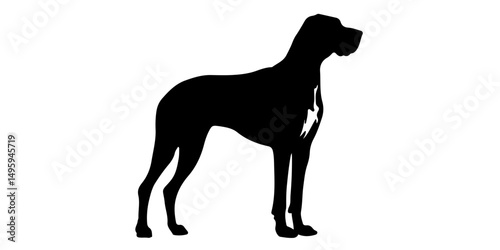 Minimalist dog silhouette with small white chest marking in upright pose
