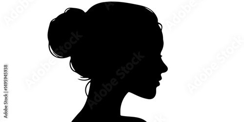 Elegant profile silhouette of woman with bun hairstyle on white background

