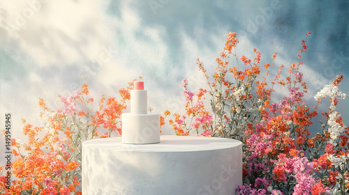 White pedestal display with a cosmetic product and flowers.