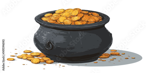 Dark cauldron overflowing with scattered gold coins
