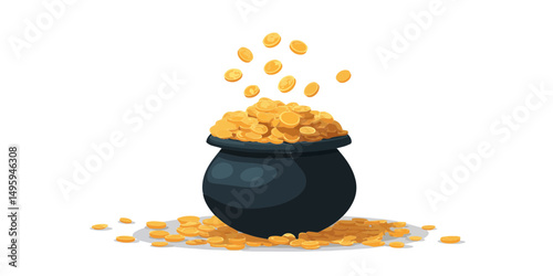 Cartoon pot filled with falling gold coins on white background
