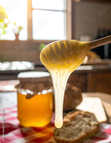 Golden honey dripping from a wooden dipper, beside a jar and bread, suggests natural sweetness and rustic charm. Ideal for health, food, or wellness concepts.