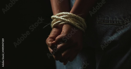 Hands, rope and prisoner for hostage, victim and kidnapping on black background. Capture, fear and restraint of person with censorship, bondage and domestic violence or human trafficking crime