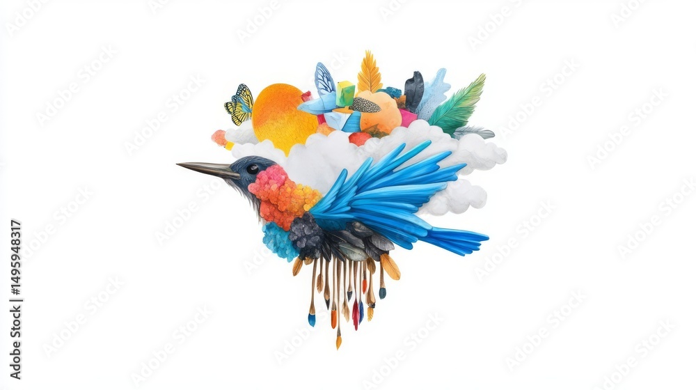 Obraz premium A vibrant bird illustration showcasing colorful feathers and creative artistic elements, representing nature's beauty.