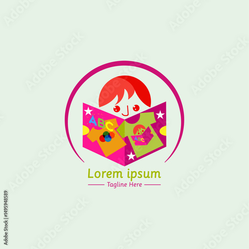 Colorful Kids Education Logo with Child Reading Book