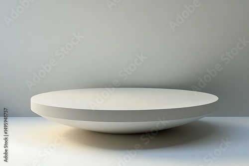 Minimalist white floating platform with warm underlighting on seamless gray background for modern product display photo