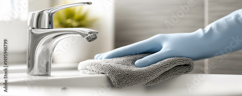 Person cleaning a washbasin in a bathroom in blue rubber glove. Hygiene and sanitation service concept.