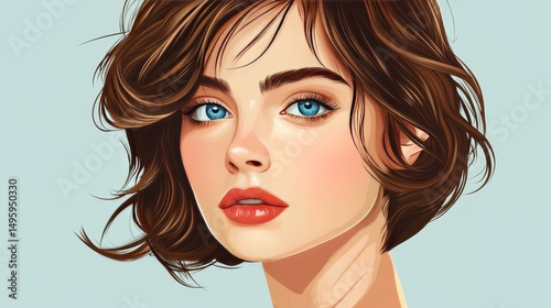 A young, pretty European woman with short brown hair and blue eyes. It's Women's Day. Vector art.
