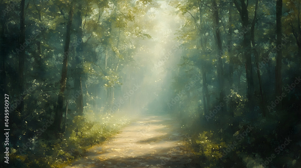 Obraz premium Sunlit path through a misty forest.