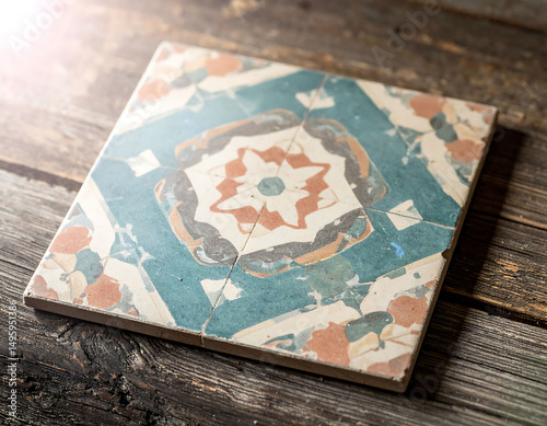 Rustic tile with a geometric pattern, faded colors, and textured surface, lying on a weathered wooden background. Evokes vintage, artisanal, and interior concepts.