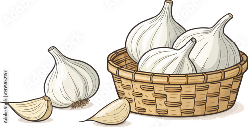 Fresh Garlic Cloves in a Rustic Basket on White Background