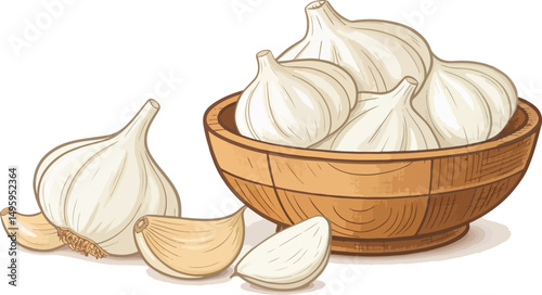 Fresh Garlic Cloves in a Bowl White Background Vector Illustration