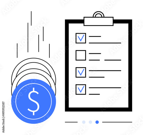 Coins falling beside a detailed checklist with marked boxes, symbolizing financial planning, budgeting, investment, saving, priorities, organization, and tracking. Ideal for financial tips planning