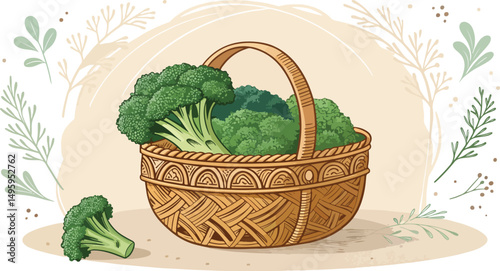 Fresh Broccoli in Rustic Basket Natural Background Design