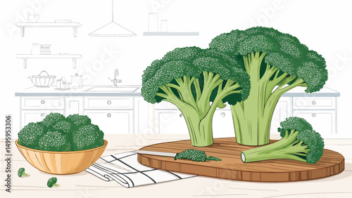 Fresh Broccoli on Kitchen Table Vibrant Vector Illustration