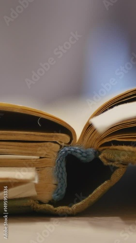 Close-Up Of Someone Flipping Through The Yellowed Pages Of An Old Book With A Woven Bookmark. Reading, Study Concept. Vertical