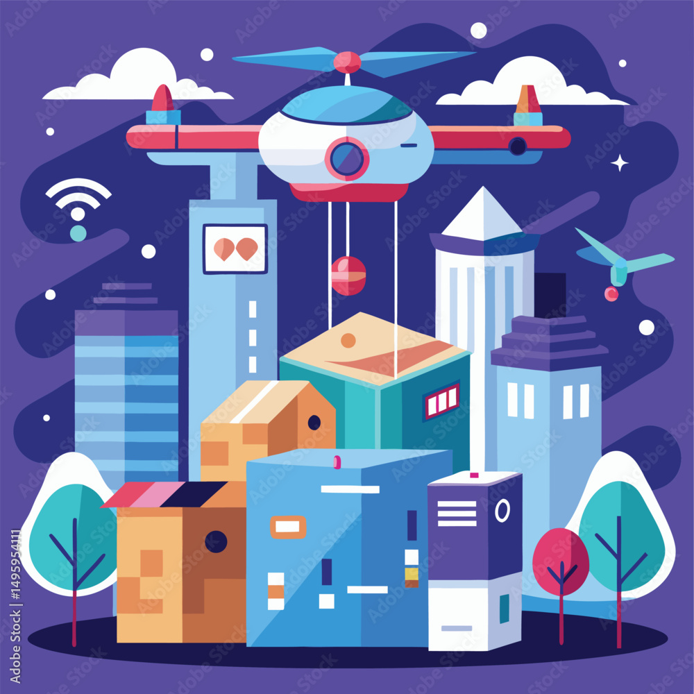 Fototapeta premium Drone Delivery Service in Smart City Futuristic Illustration