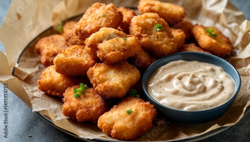 Golden fried catfish nuggets with creamy remoulade sauce