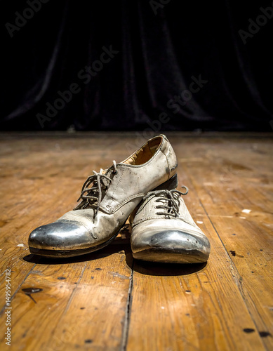 Worn, vintage dance shoes rest on a wooden stage, backed by black curtains. Symbolizes performance, dedication, and the beauty of imperfection. Perfect for artistic concepts.