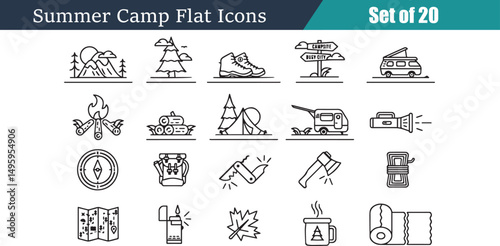 Summer Camp Icons: A collection of flat icons related to a summer camp including outdoor adventures, camping, nature, and adventure. The scene is perfect for designs needing simplicity.