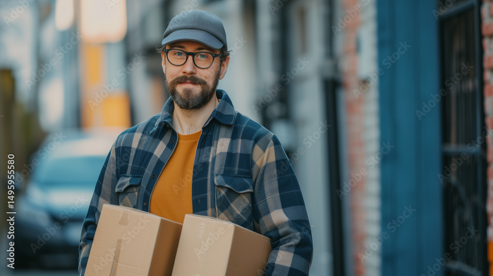 Bearded man in plaid shirt and cap holding cardboard boxes on asphalt Bearded man in plaid shirt and cap holding cardboard boxes on asphalt
