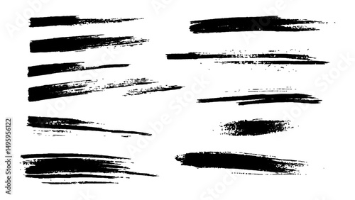 Collection of black paint brush strokes on isolated white background. This image displays diverse black brush strokes with intense textures,