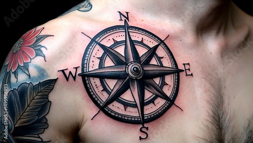 Intricate hand-drawn black compass tattoo design