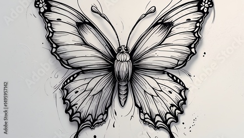 Intricate hand-drawn butterfly tattoo design on white background