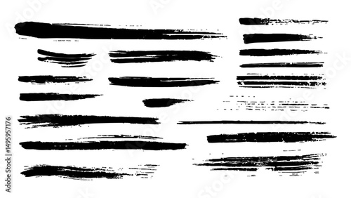 Collection of black paint brush strokes on isolated white background. Vector black watercolor grunge stains and lines set, 