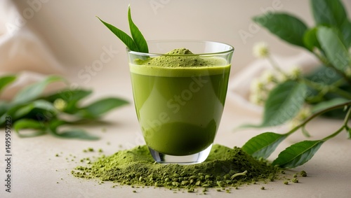 Inviting glass of matcha green tea on soft background