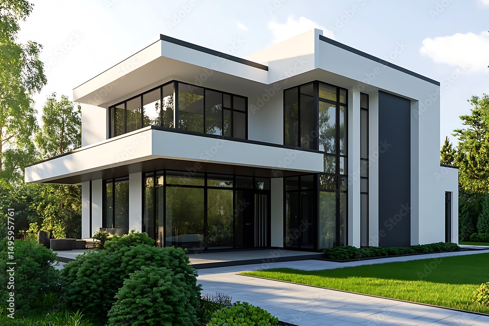 Stunning modern house with clean lines, white exterior, black window frames, and a wooden roof overhang, surrounded by lush landscaping Stunning modern house with clean lines, white exterior, black window frames, and a wooden roof overhang, surrounded by lush landscaping
