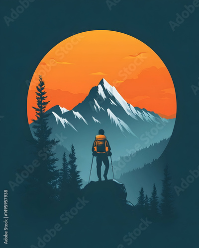 A hiker stands atop a mountain peak, gazing at a sunrise.