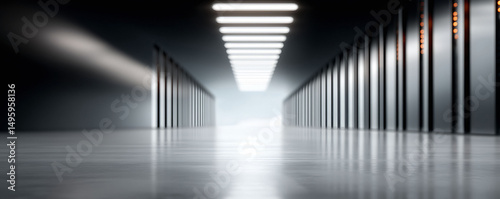 Abstract architecture featuring a long corridor with rhythmic vertical elements and glowing lights. Evokes technology, modernism, and industrial design. Ideal for tech, innovation.
