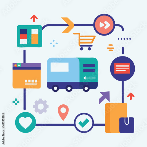 Online Shopping Process Flowchart with Delivery Truck