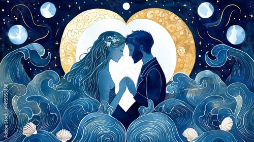 A romantic illustration of a couple surrounded by waves, under a starry sky and a symbolic heart, capturing love. photo
