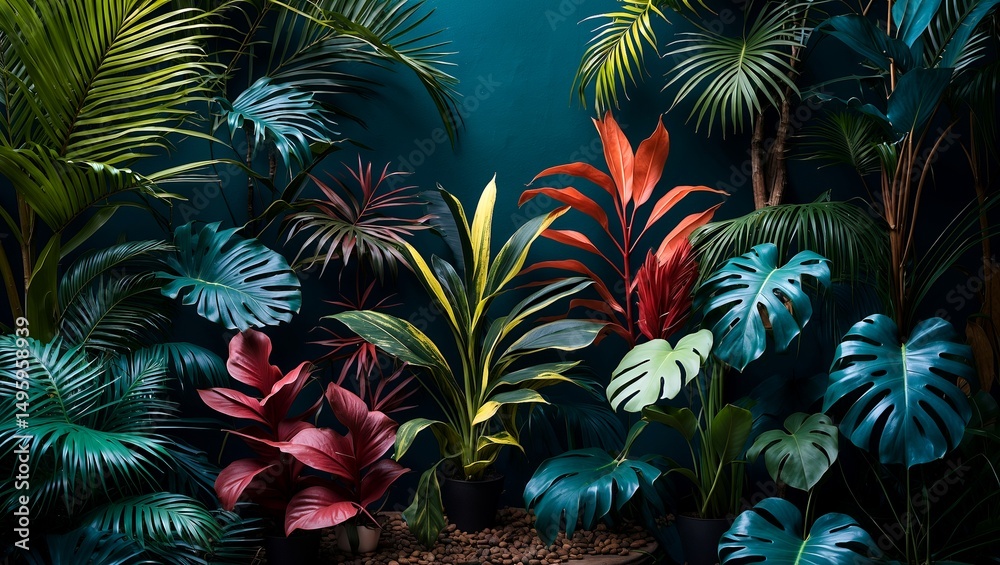 Naklejka premium Lush tropical plants in deep vibrant hues