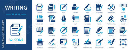 Writing flat icons collection. Text, edit, note, pen, nib, draw, document, pencil, author, calligraphy, document, notebook, stationery sign set.
