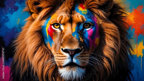 Majestic lion adorned with vibrant face paint
