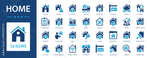 Home flat icons collection. Property, owner, house, town, location, real estate, loan, property, landlord sign set.