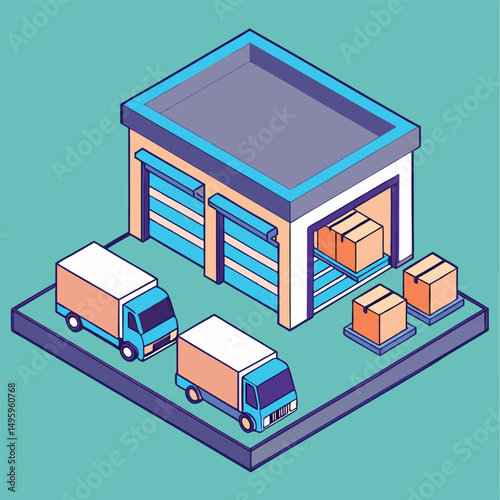 Isometric Illustration of Warehouse with Delivery Trucks and Packages