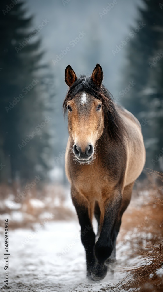 Brown horse walking through snowy forest surrounded by tall trees in winter Brown horse walking through snowy forest surrounded by tall trees in winter