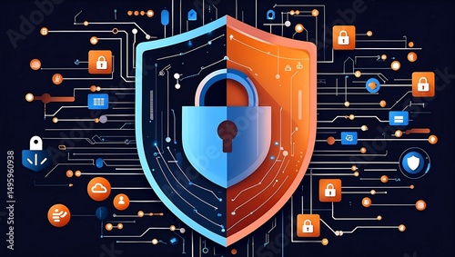 Modern cybersecurity shield and lock for digital protection