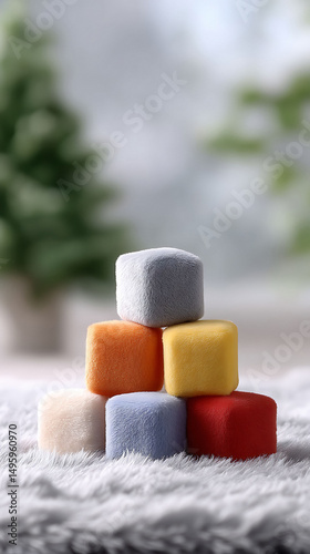 Stacked fluffy cubes, colorful  inviting, symbolize building blocks, growth, or soft comfort. Ideal for baby products, education or creativity themes.