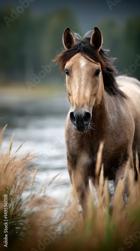 Wild horse standing near a river with tall grasses on a cloudy day in a serene natural landscape