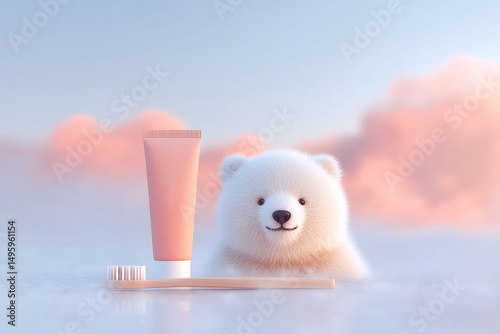 Charming image featuring a cute polar bear cub with a toothbrush and tube of paste, set against a dreamy pastel background. Perfect for dental hygiene and wellness.