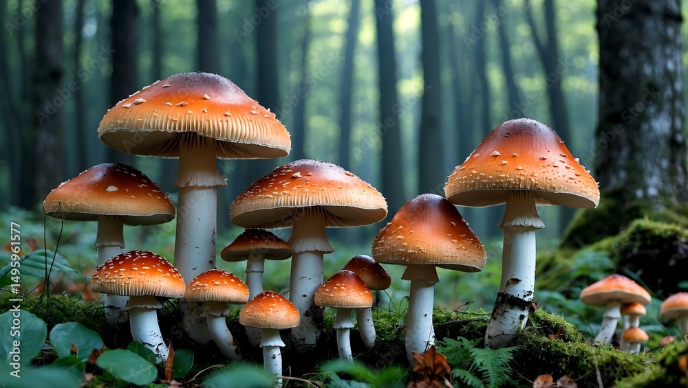 Fototapeta premium Mushrooms thriving in a lush forest setting